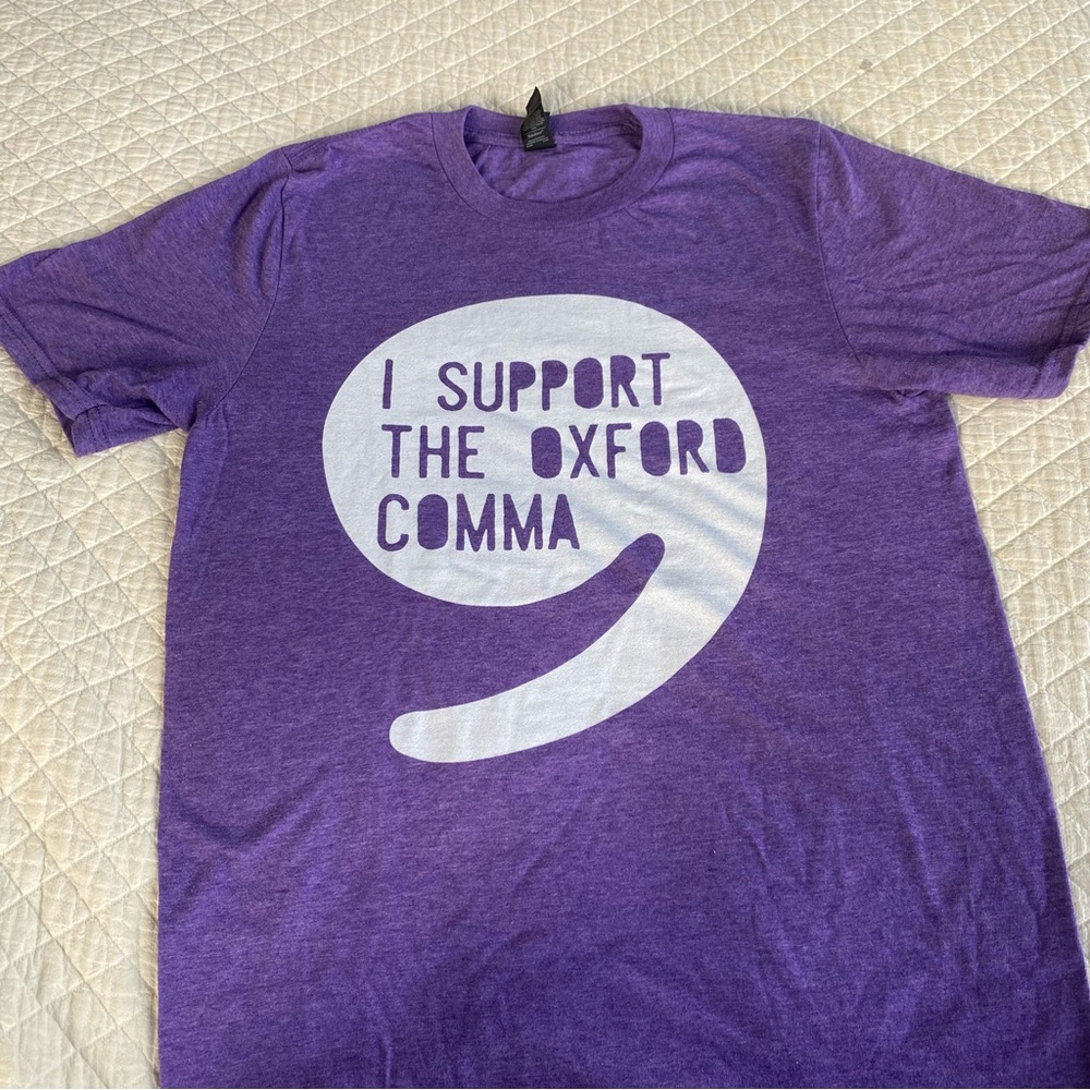 English Teacher Purple Graphic Tee “I support the Oxford comma” Grammar Nerd